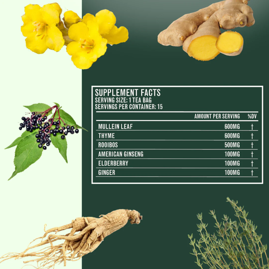 Yellow mullein flowers, elderberry berries with leaves, ginger root, ginseng root, and thyme sprigs around a supplement facts table