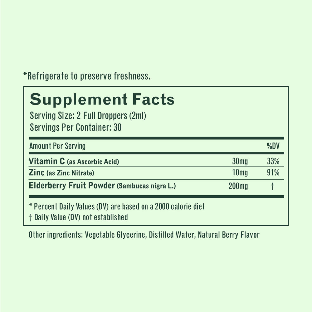 Supplement Facts label: serving size 2 full droppers (2 ml); Vitamin C 30 mg (33% DV); Zinc 10 mg (91% DV); Elderberry fruit powder 200 mg
