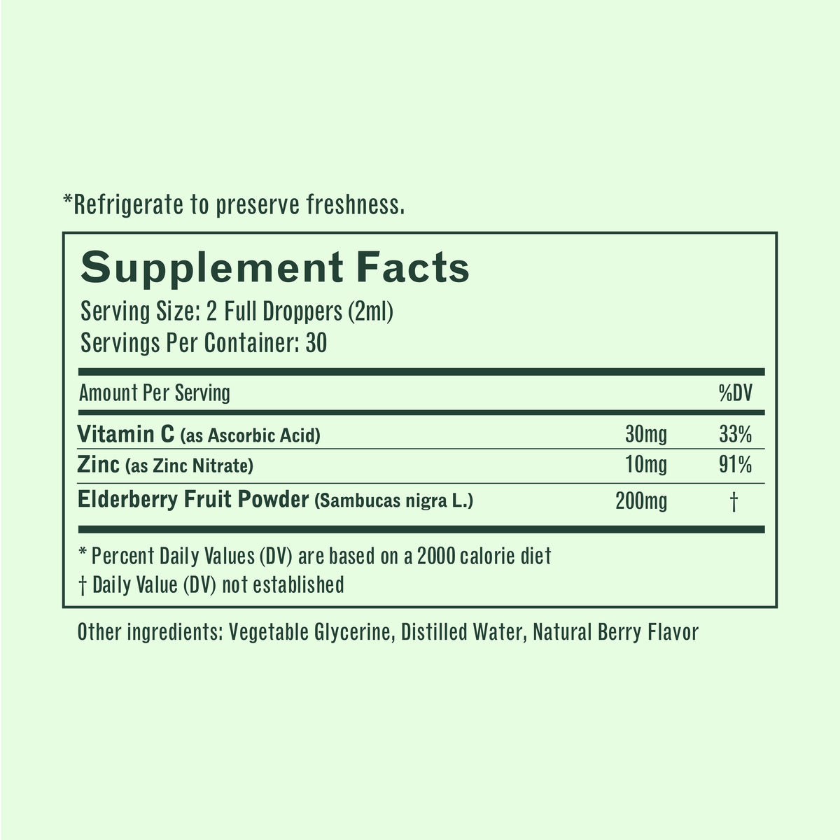 Supplement Facts label: serving size 2 full droppers (2 ml); Vitamin C 30 mg (33% DV); Zinc 10 mg (91% DV); Elderberry fruit powder 200 mg
