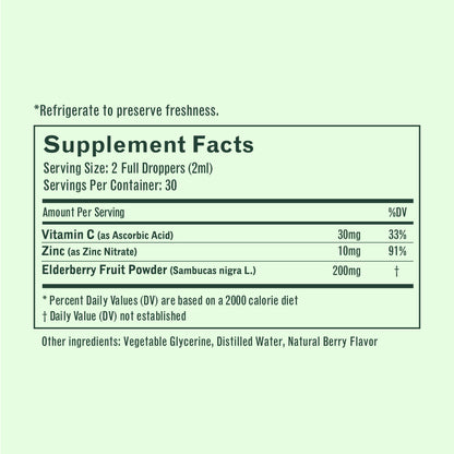 Supplement Facts label: serving size 2 full droppers (2 ml); Vitamin C 30 mg (33% DV); Zinc 10 mg (91% DV); Elderberry fruit powder 200 mg