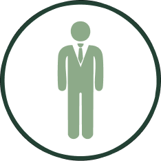 Green icon of a person in a suit and tie inside a dark green circle outline.