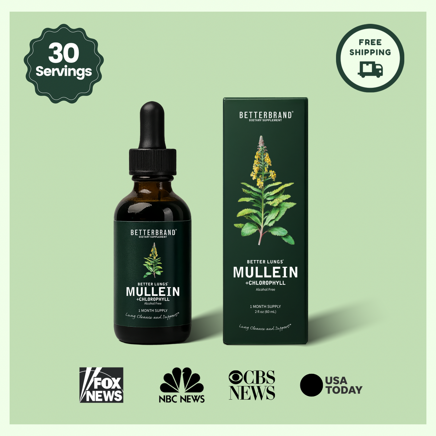 BetterLungs Mullein + Chlorophyll bottle and box with 30 Servings, Free Shipping, and media logos
