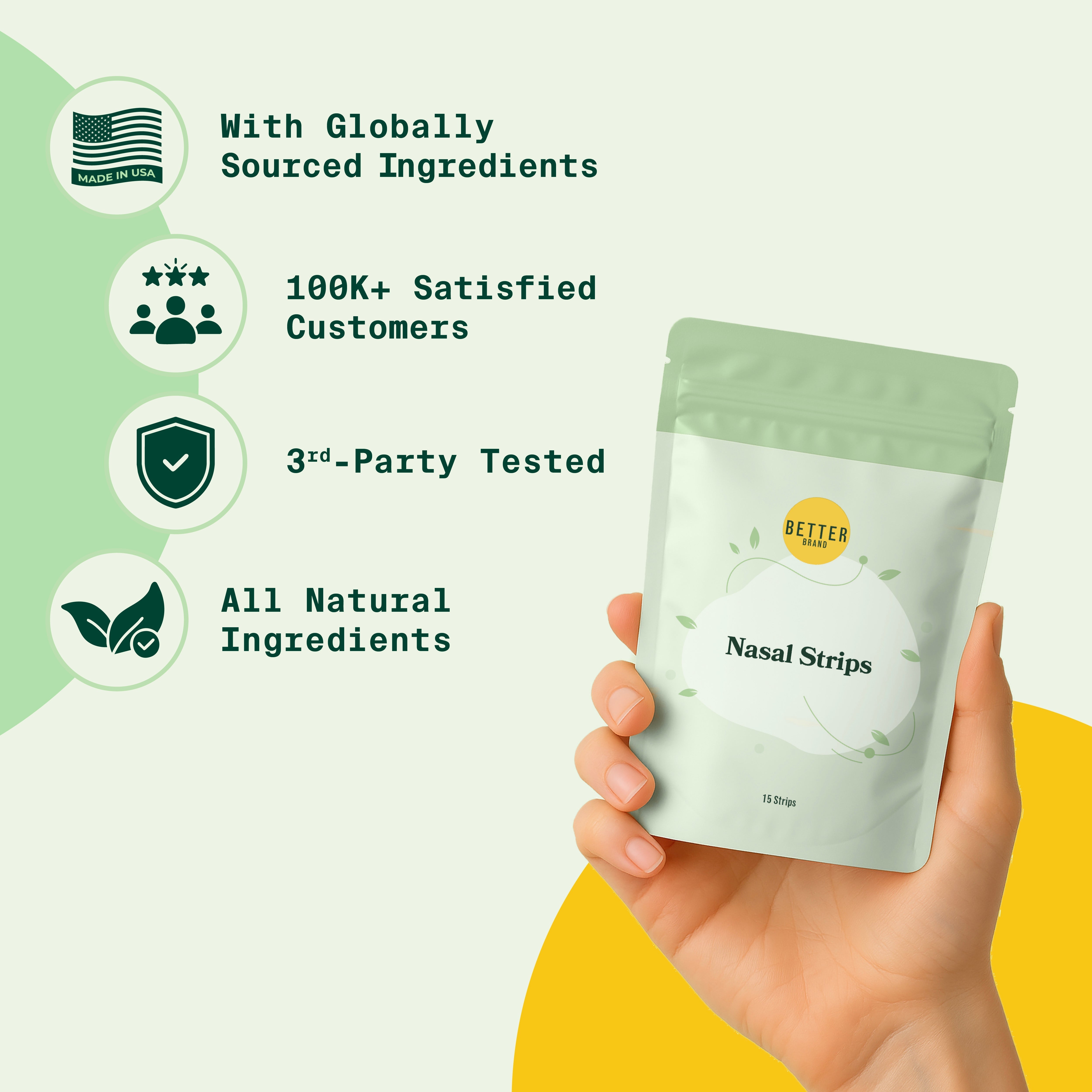 Nasal Strips for Sleep & Breathing Support in resealable pouch, and 100K+ satisfied users.