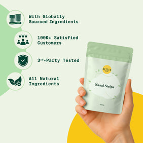 Nasal Strips for Sleep & Breathing Support in resealable pouch, and 100K+ satisfied users.