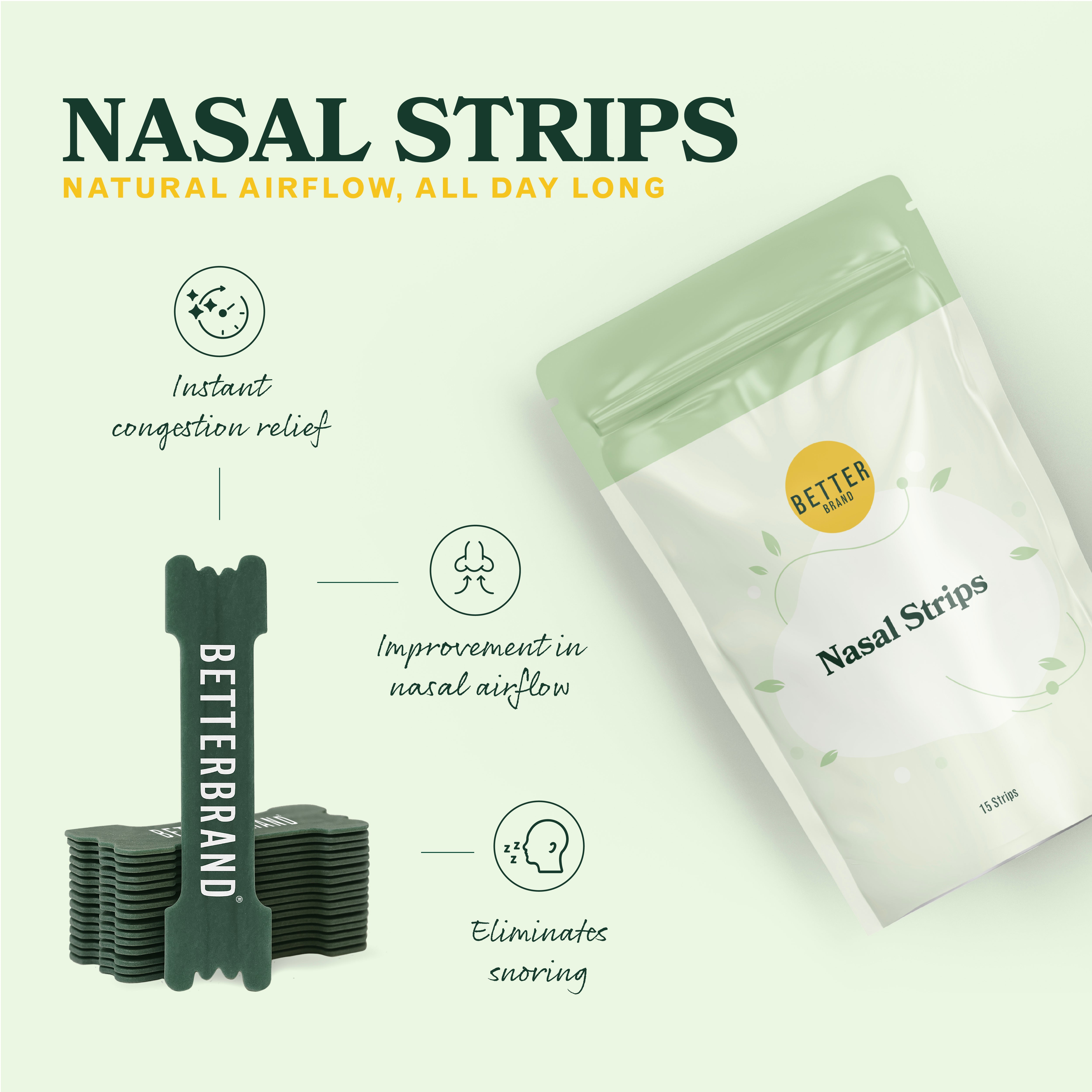 BetterBrand Nasal Strips for natural airflow and snoring relief, shown with product packaging and stack of black nasal strips.
