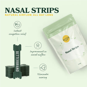 BetterBrand Nasal Strips for natural airflow and snoring relief, shown with product packaging and stack of black nasal strips.