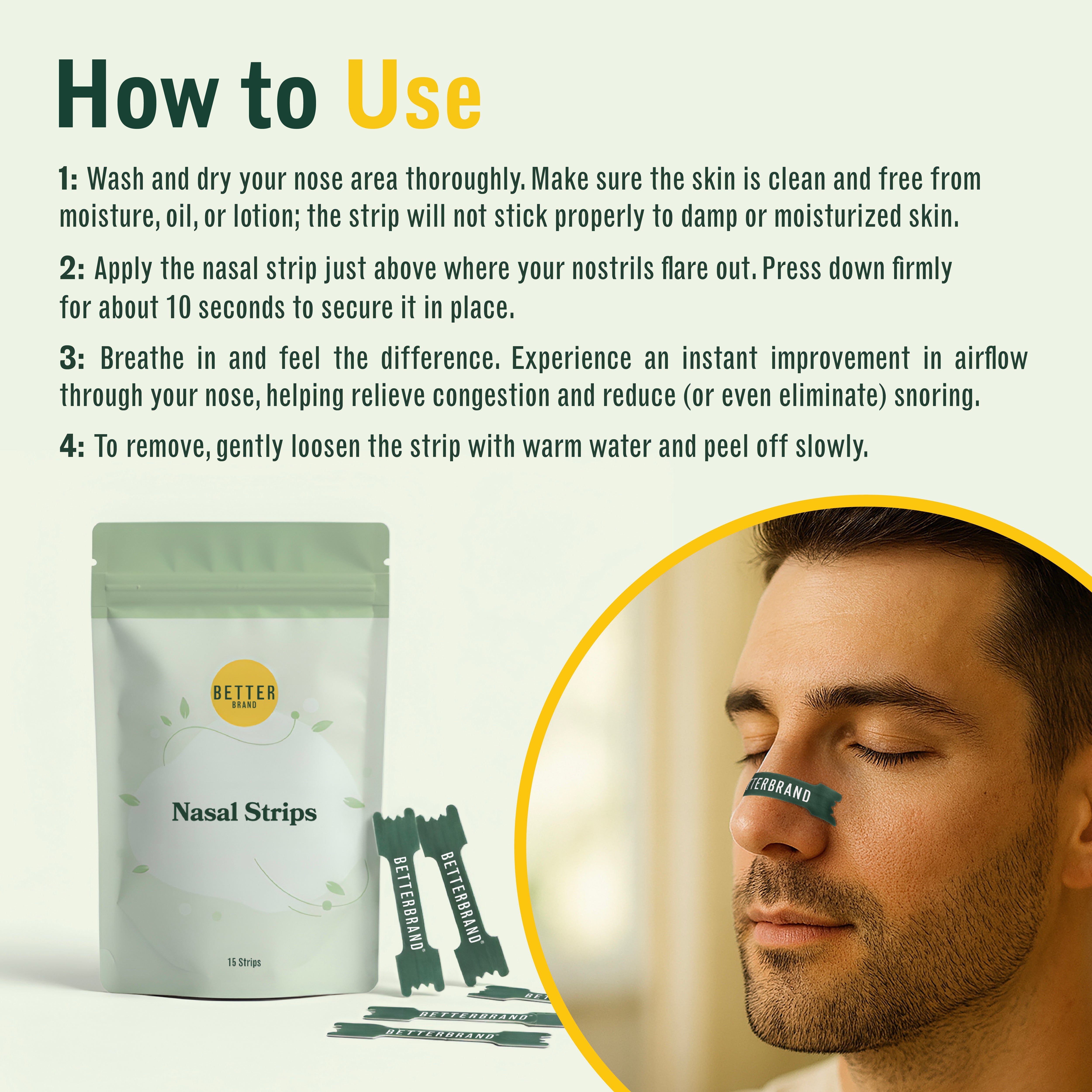 How to use BetterBrand Nasal Strips for sleep and breathing support, with step-by-step instructions and model applying strip on nose.
