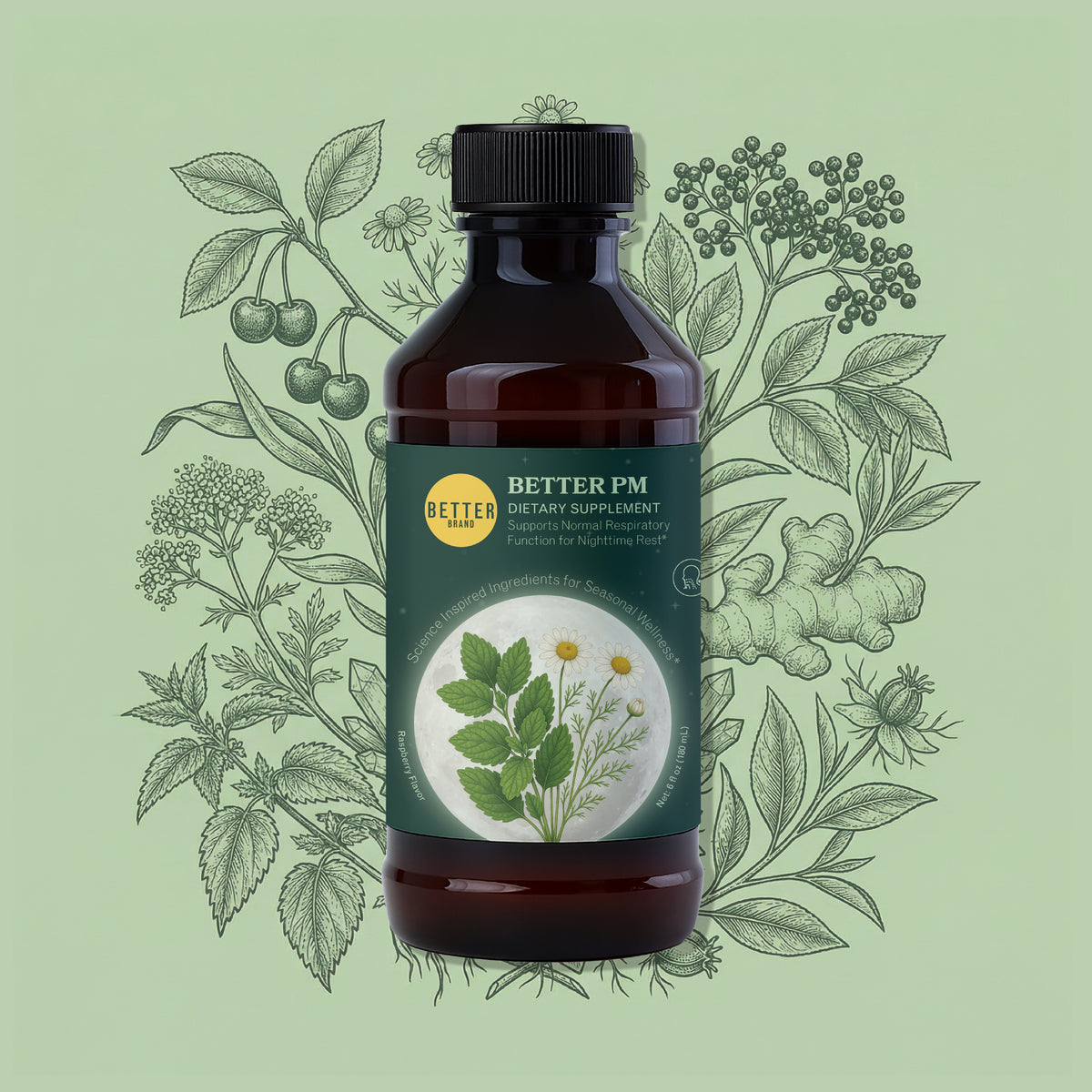 BETTER PM DIETARY SUPPLEMENT bottle with botanical label art and green herbal background.