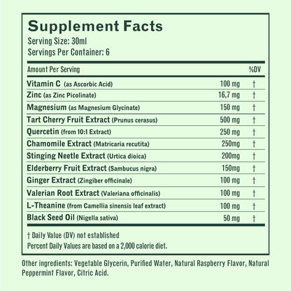 Supplement facts label showing 30 ml serving and key ingredient amounts: Vitamin C 100 mg, Tart cherry 500 mg, Magnesium 150 mg