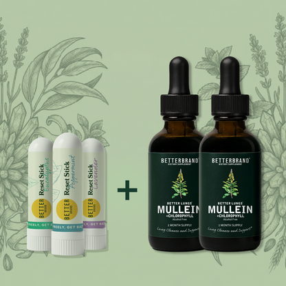 BETTERBRAND Better Lungs MULLEIN + CHLOROPHYLL 1 MONTH SUPPLY with Reset Stick (Eucalyptus, Peppermint, Lavender)