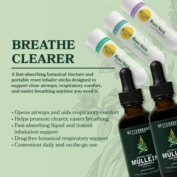 Promotional graphic: BREATHE CLEARER headline with two dropper bottles, three inhaler sticks, and five respiratory support benefits