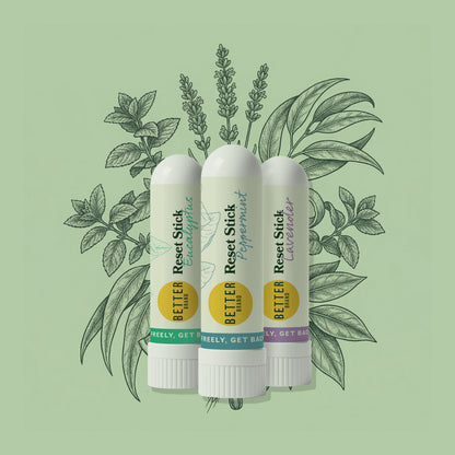 Three Reset Stick tubes labeled Eucalyptus, Peppermint, Lavender with BETTER BRAND logo and band reading FREELY, GET BACK
