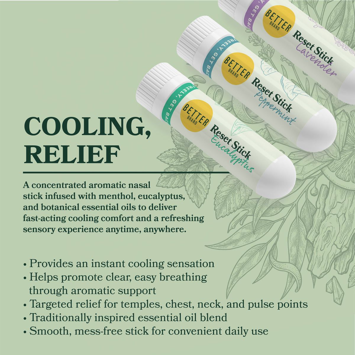 Three Reset Sticks inhaler tubes with headline 'COOLING RELIEF' showcasing cooling aromatherapy on green background