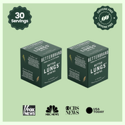 Two boxes of Betterbrand Better Lungs Detox Tea with 30 Servings and Caffeine Free badges, plus Fox News, NBC News, CBS News, USA Today logos