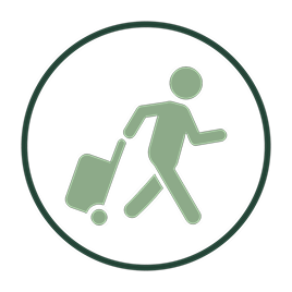Icon of a person walking with a rolling suitcase inside a circle