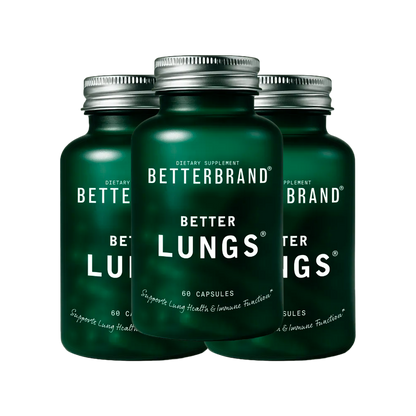 Three dark green supplement bottles labeled BETTER BRAND LUNGS, central bottle in front