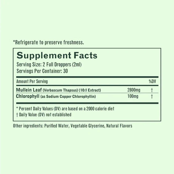 BetterLungs Mullein + Chlorophyll supplement facts panel