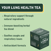 Betterbrand BetterLungs tea box with benefits: respiratory support, immune-boosting, soothes coughs, antioxidant formula