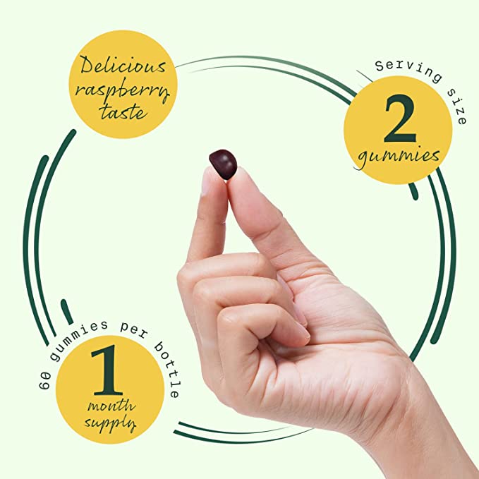 Promotional graphic showing hand holding a mushroom gummy and callouts indicating 2 gummies per serving, 1 month supply, and delicious taste