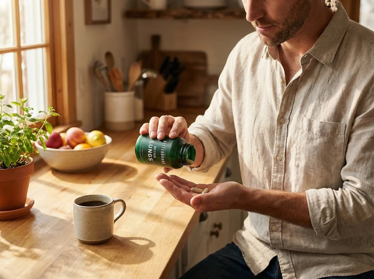 Man holding BetterLungs® capsule bottle in kitchen