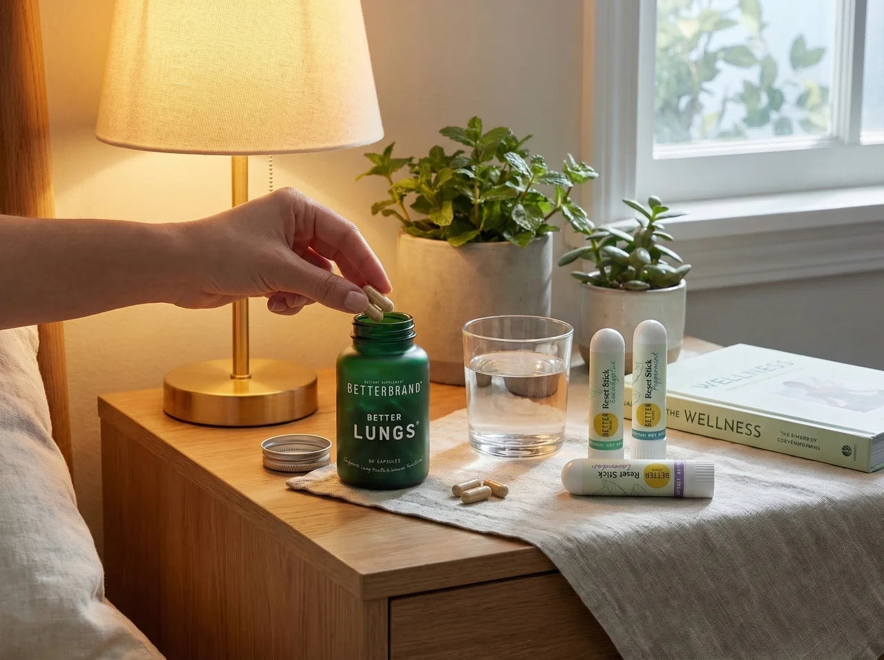 BetterLungs® and Reset Sticks on a bedside table