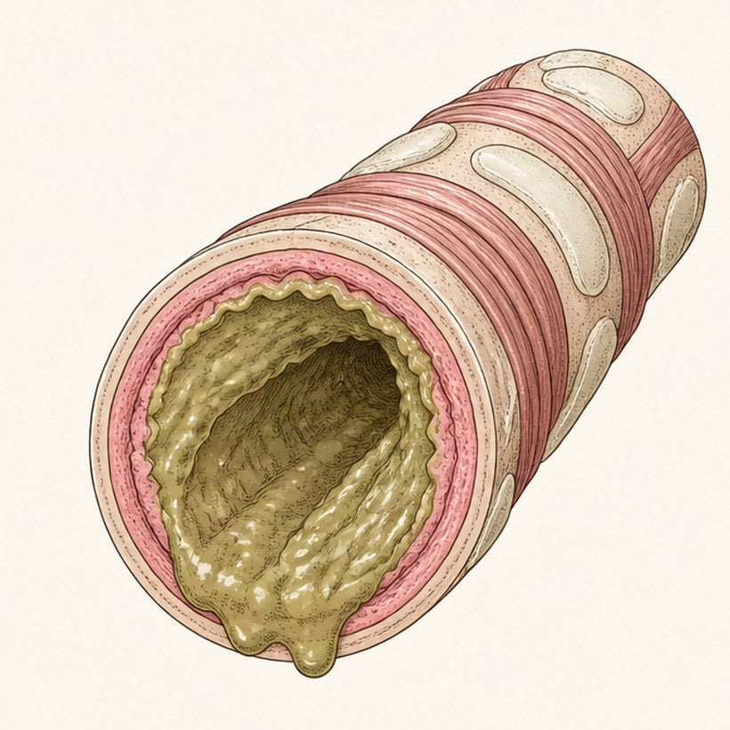 Cutaway of a bronchial tube with thick mucus lining the passage