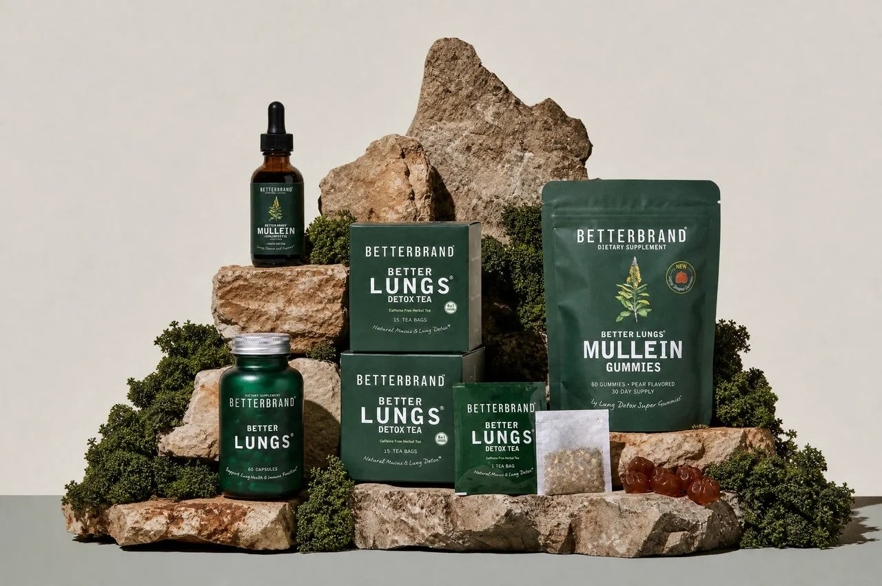 The BetterLungs® range on stone: tincture, capsules, detox tea and mullein gummies